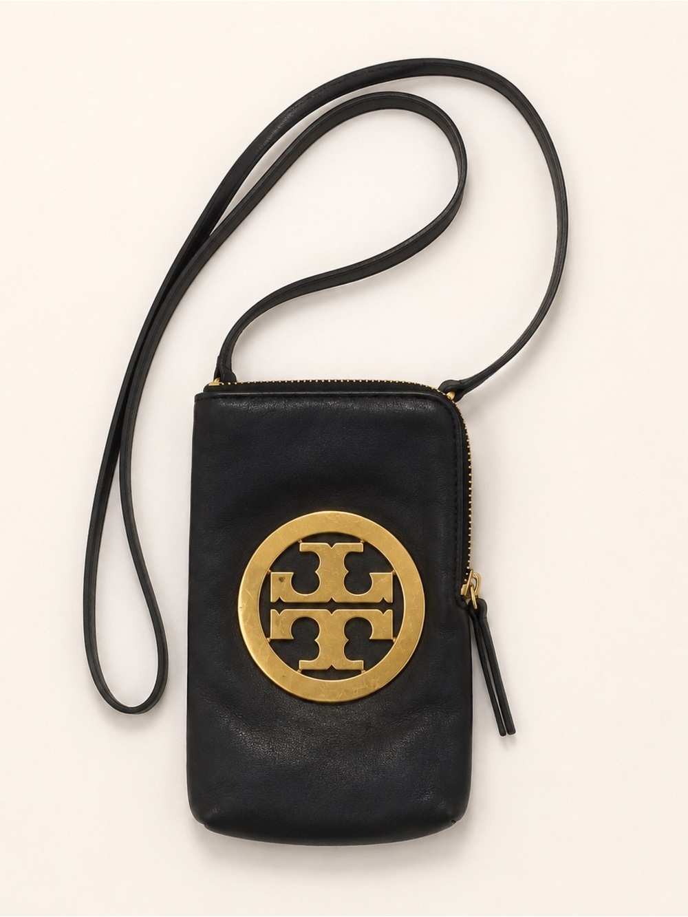 Tory Burch Black Leather Crossbody Phone Pouch with Gold Logo